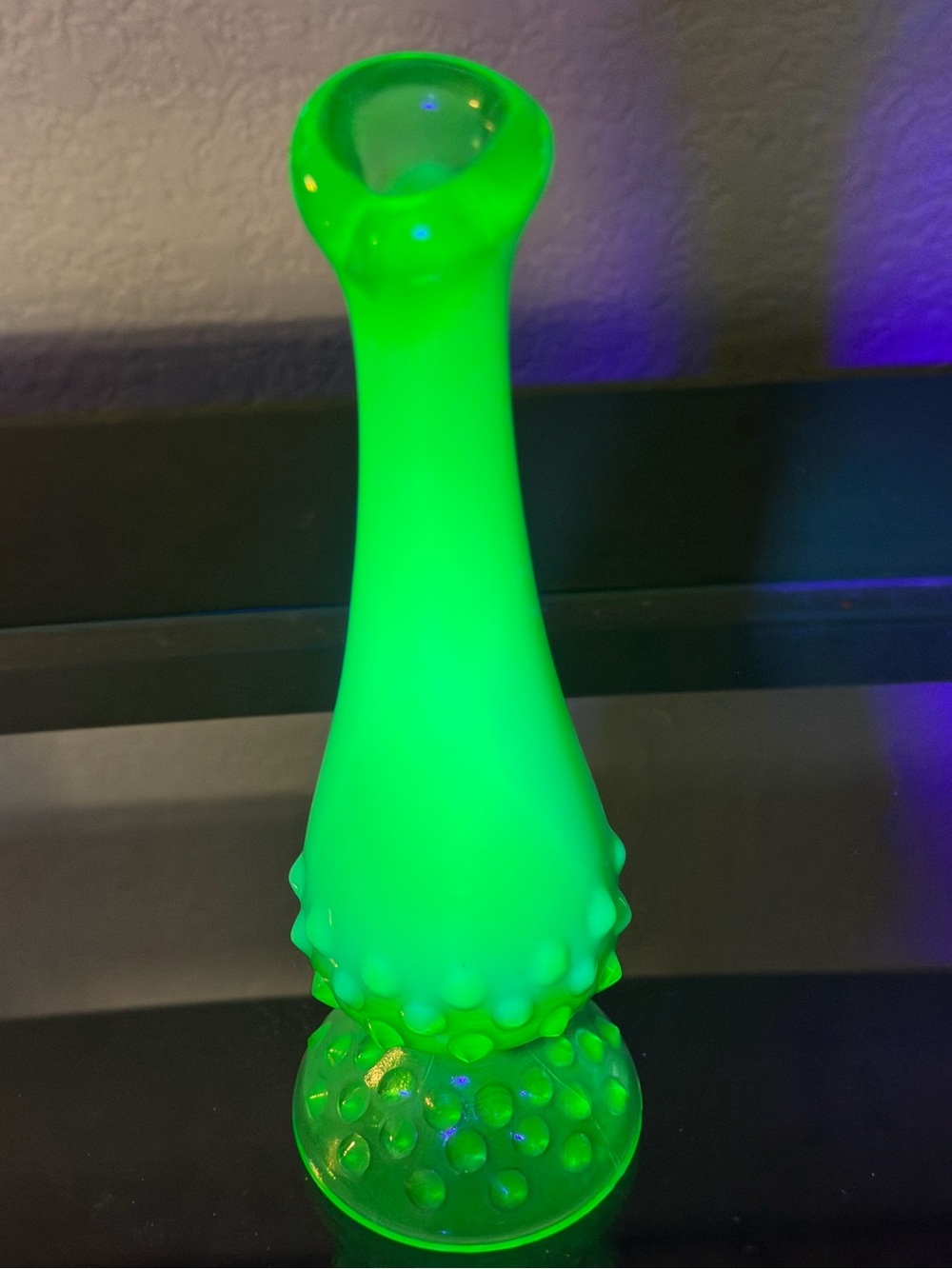Fenton Emerald Green Opalescent Uranium Glass Hobnail Bud Vase 7.25” Swung Slag